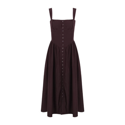 Square Neck Corset Bodice Button Front Pocket Midi Dress