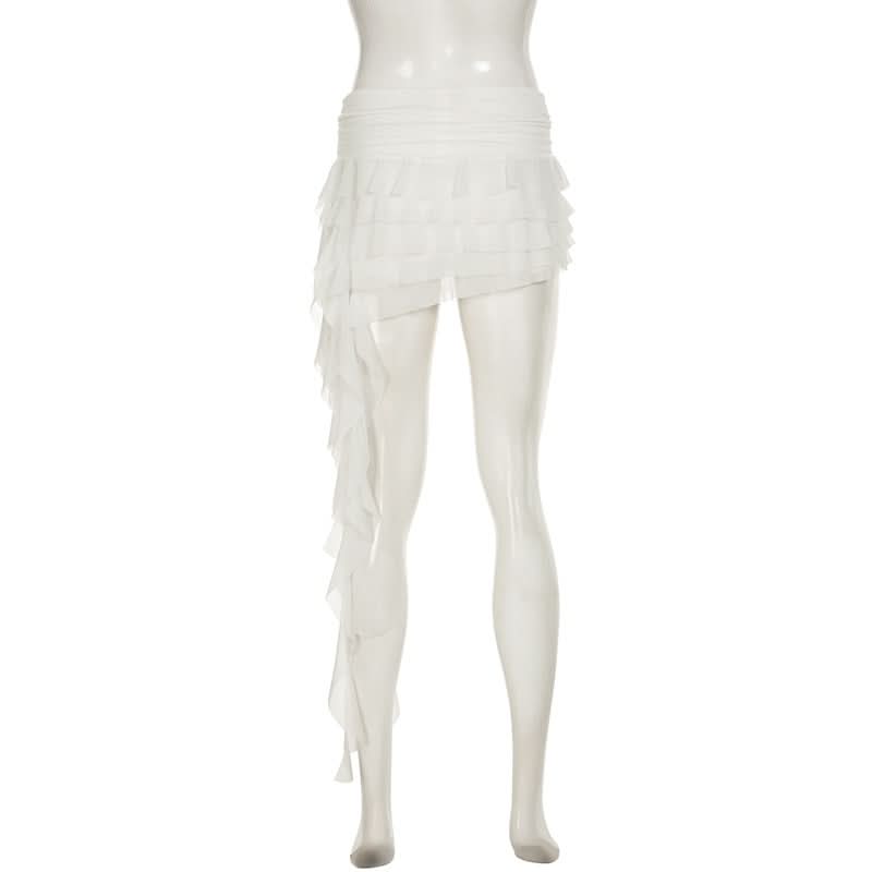 Mesh ruffle irregular mini skirt