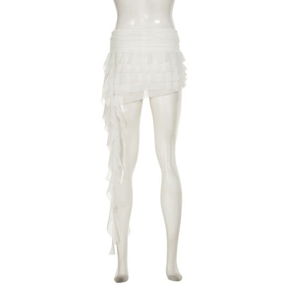 Mesh ruffle irregular mini skirt