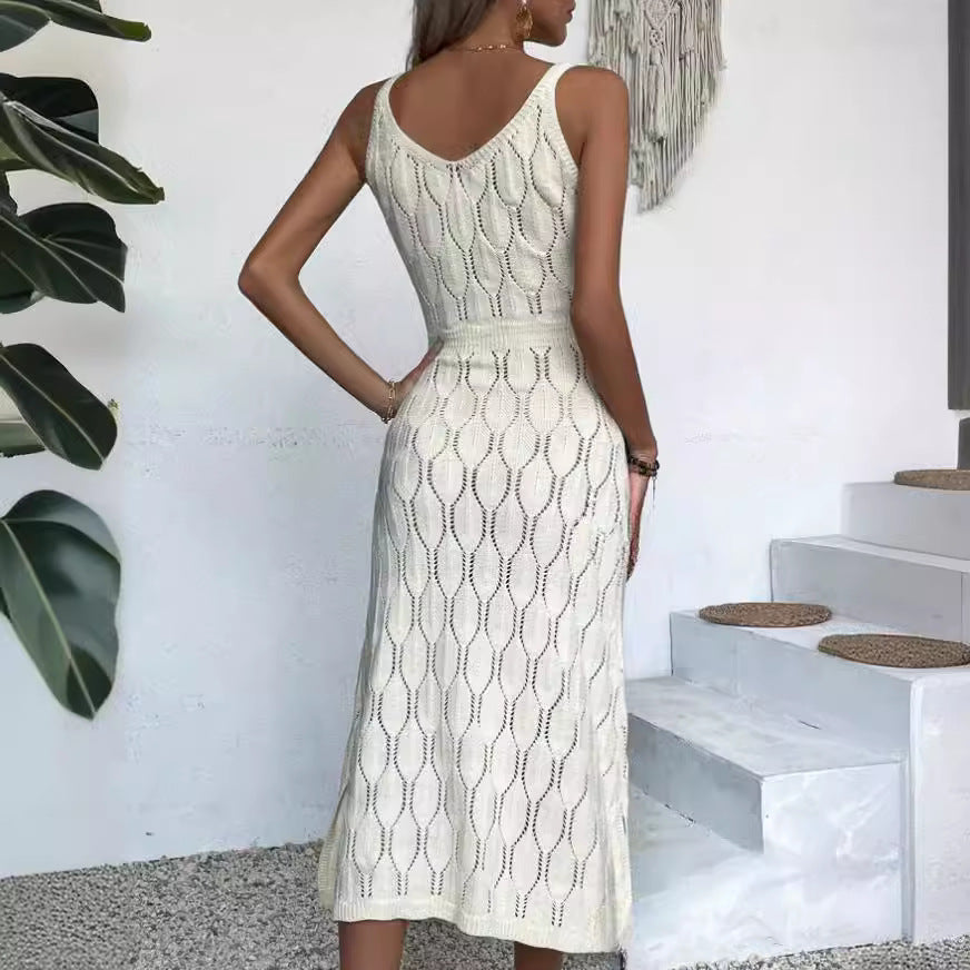 Pointelle Knit Hollow Out V Neck Sleeveless Maxi Dress
