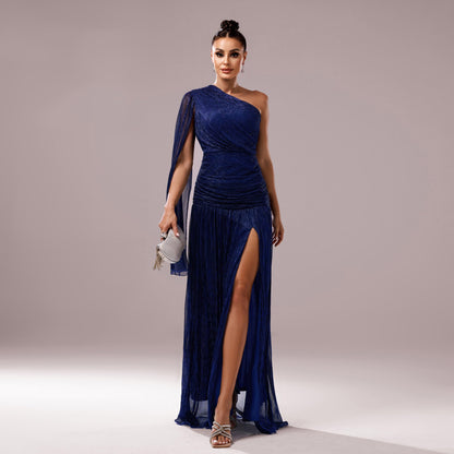 One-Shoulder Long Sleeve Slit Gown Elegant Evening Dress