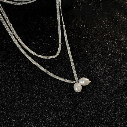 Layered faux pearl pendant choker necklace