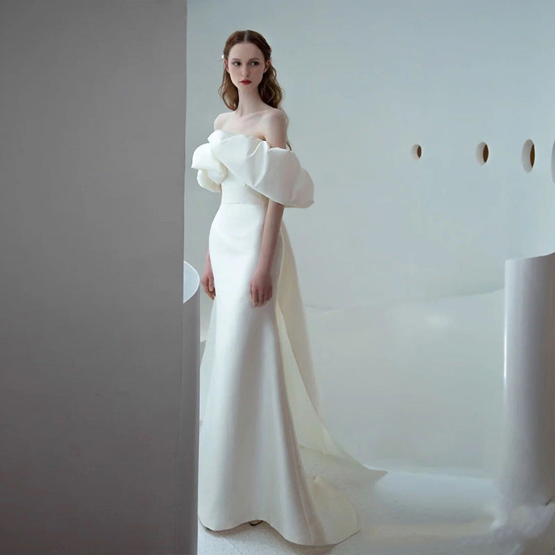 Off-Shoulder Satin Slim Wedding Dress