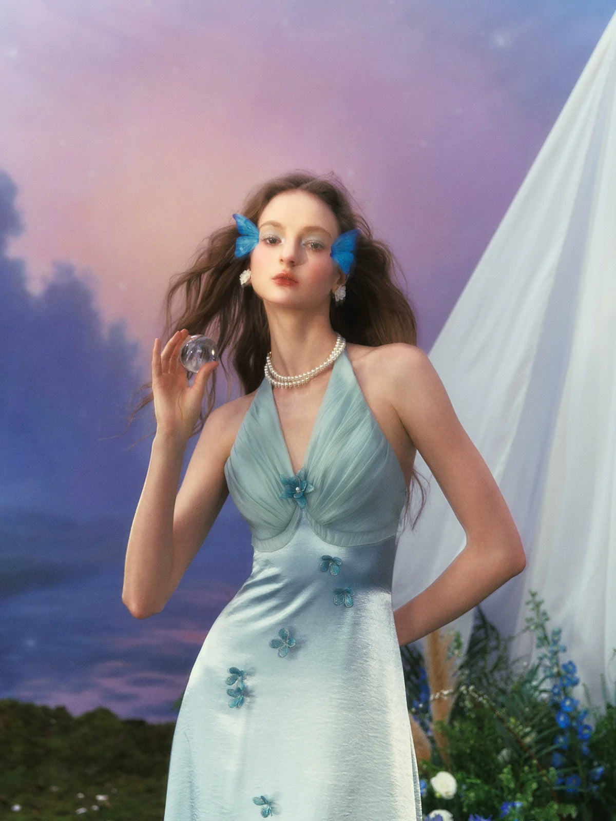 Floral Halter Satin Gown French-Inspired Blue Vacation Fairy Dress