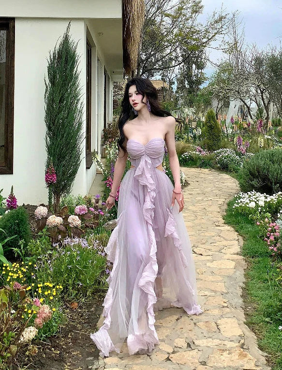Women's Strapless Purple Tulle Maxi Dress Summer Beach Vacation Outfit