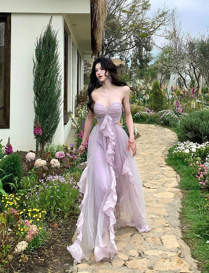 Women's Strapless Purple Tulle Maxi Dress Summer Beach Vacation Outfit