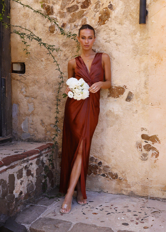 Aurelia – Satin Twist-Front Maxi Dress with Side Slit