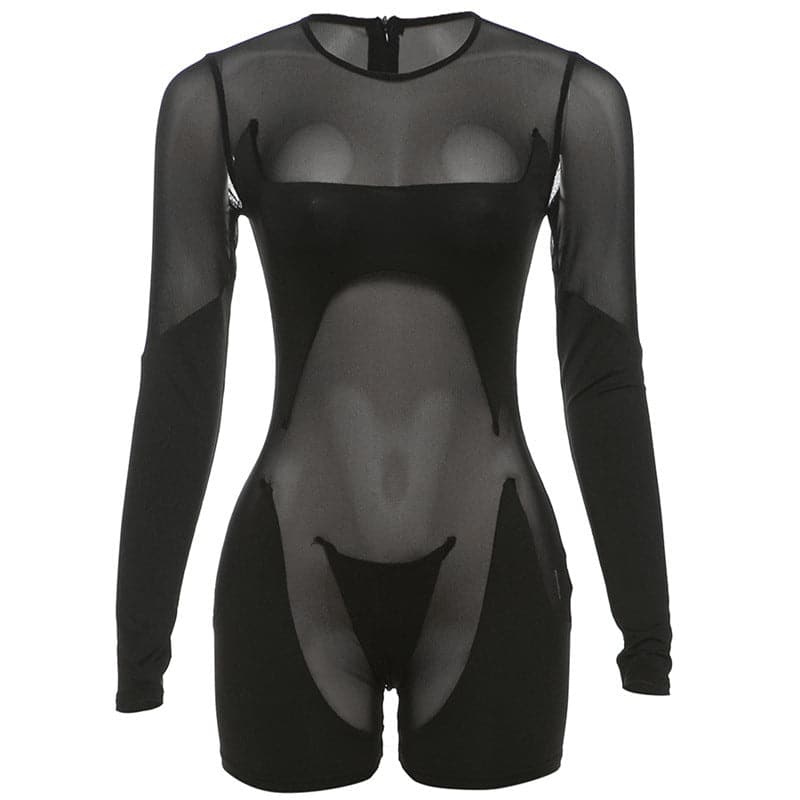 Long sleeve crewneck mesh patchwork zip-up romper