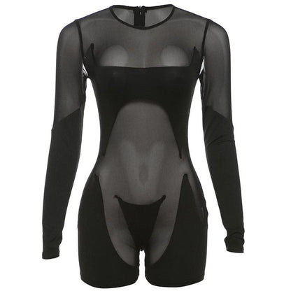 Long sleeve crewneck mesh patchwork zip-up romper