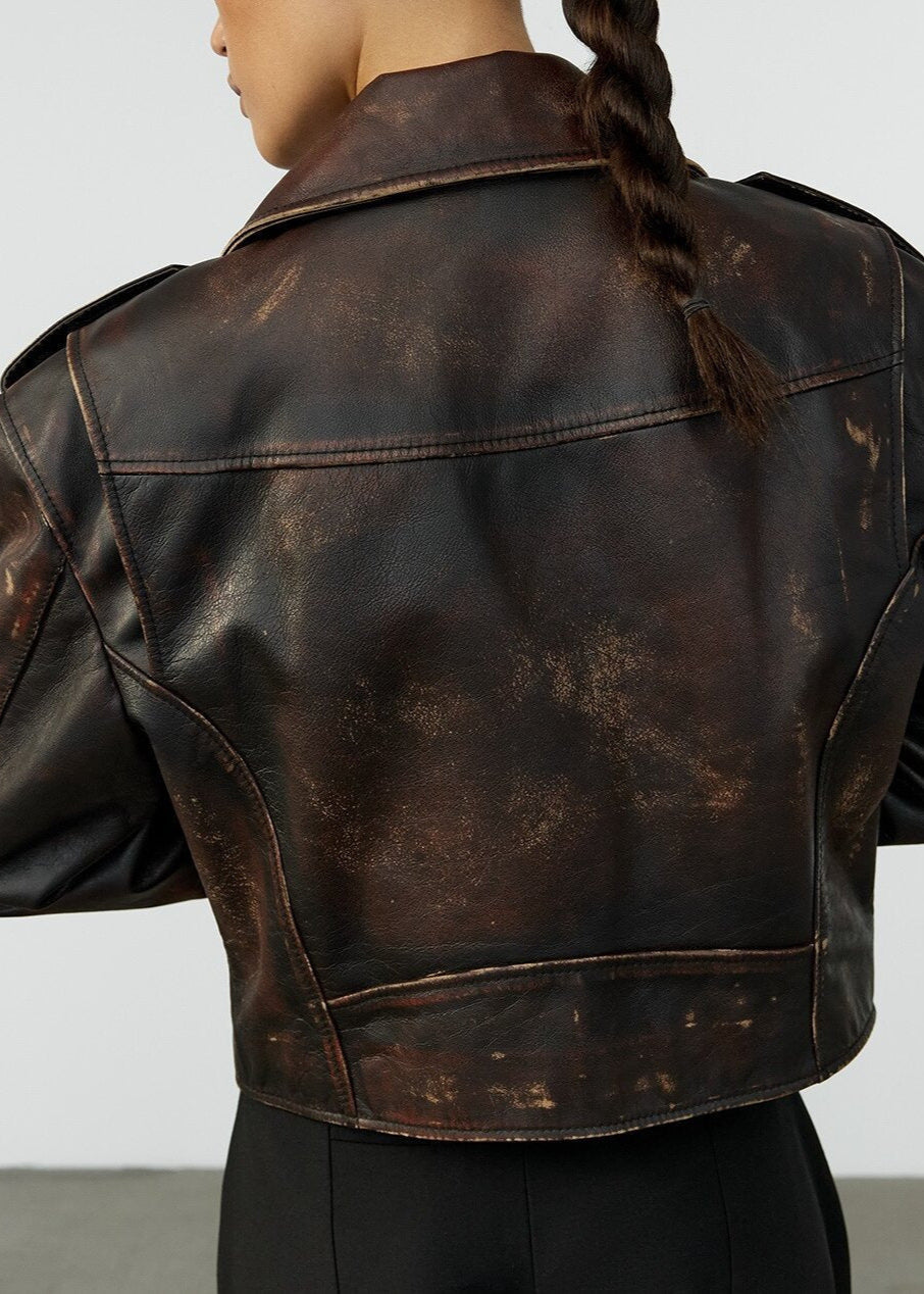 Distressed Leather Cropped Moto Jacket
