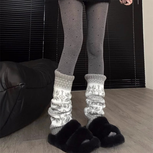 Retro Snowflake Knit Slouchy Red Leg Warmers