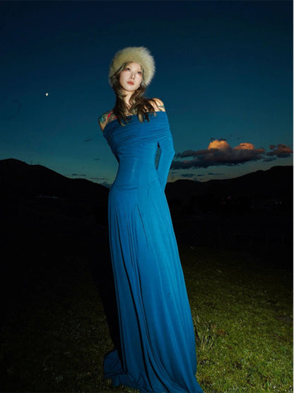 French Klein Blue Off-Shoulder Slim Dress