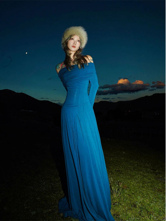 French Klein Blue Off-Shoulder Slim Dress