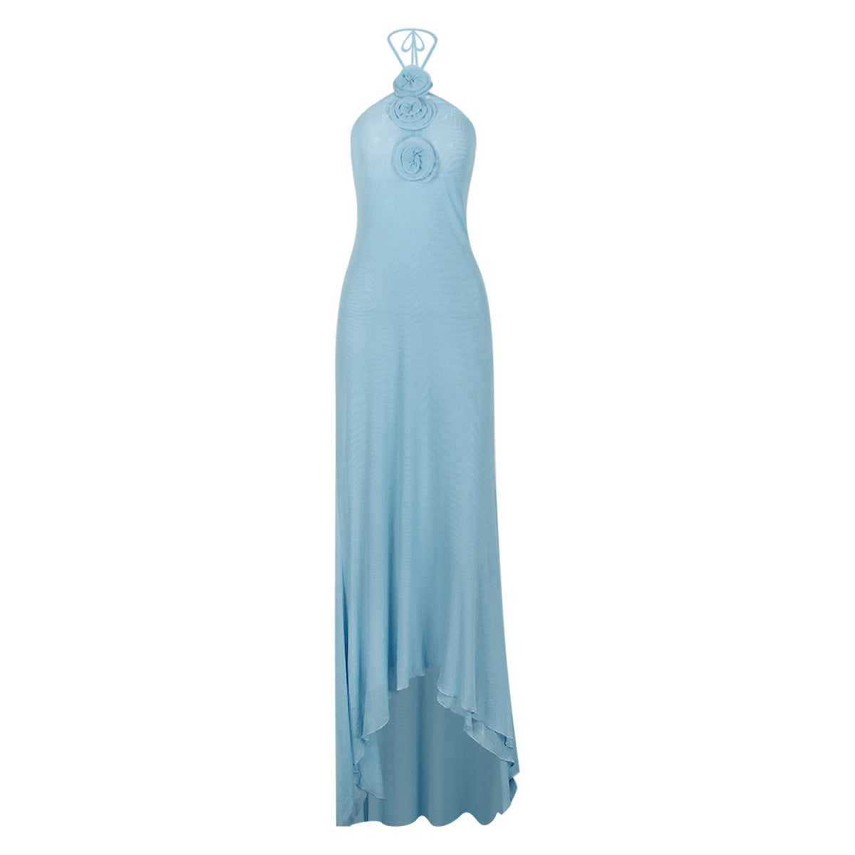 Halter Neck Rosette Applique Bodycon Floor Length Maxi Dress