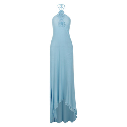 Halter Neck Rosette Applique Bodycon Floor Length Maxi Dress
