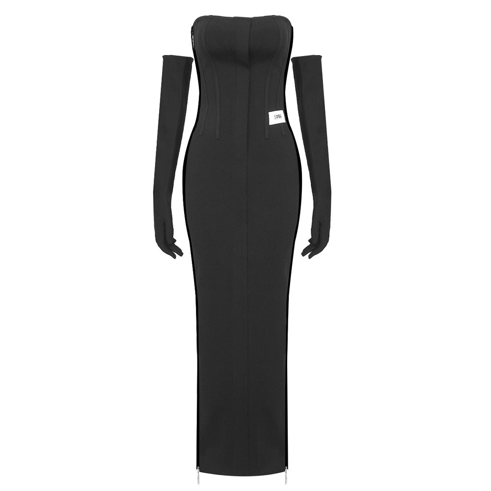 Corset Square Neck Spaghetti Strap Column Maxi Dress with Opera Gloves