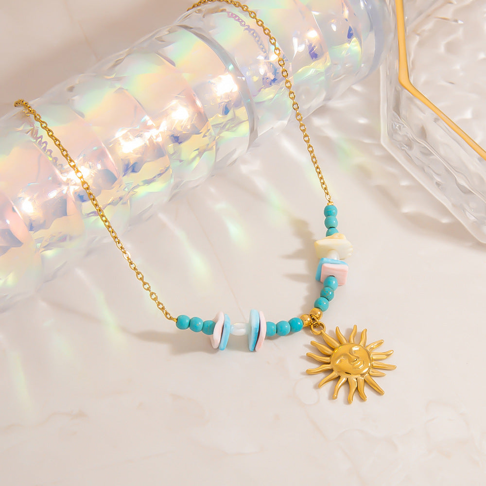 Stainless Steel Natural Stone Pearl Starfish Sun NeckLace
