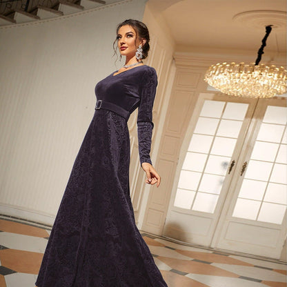 V neck Long Sleeve High Waist Lace up Velvet Elegant Dress