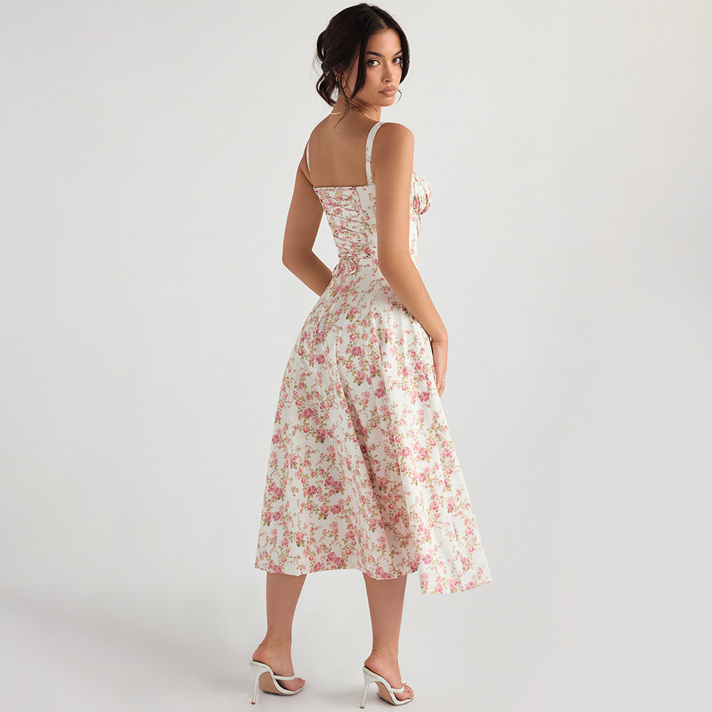 Floral Print Sweetheart Neck Tie Front Corset Bodice Fit And Flare Midi Dress