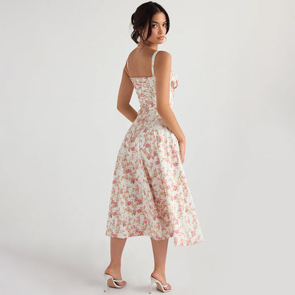 Floral Print Sweetheart Neck Tie Front Corset Bodice Fit And Flare Midi Dress