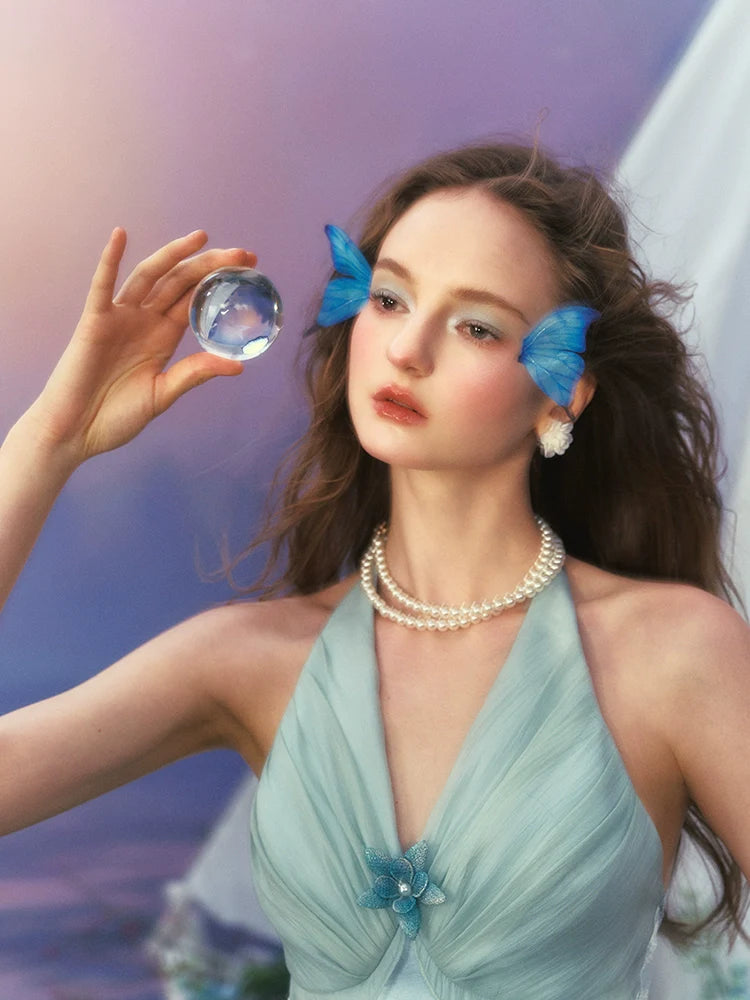 Floral Halter Satin Gown French-Inspired Blue Vacation Fairy Dress