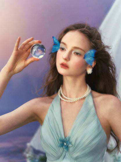 Floral Halter Satin Gown French-Inspired Blue Vacation Fairy Dress