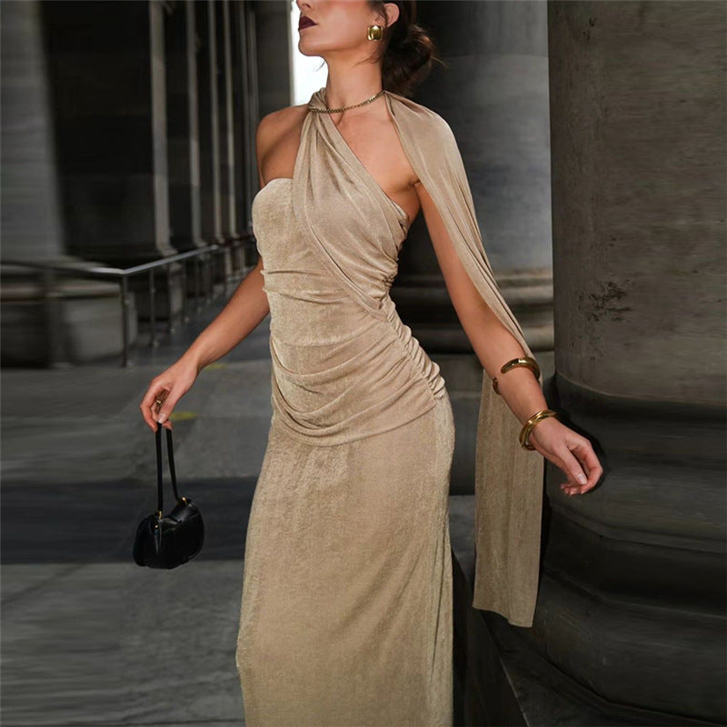 Asymmetric Ruched Metallic Scarf-Tie Halter Column Maxi Gown