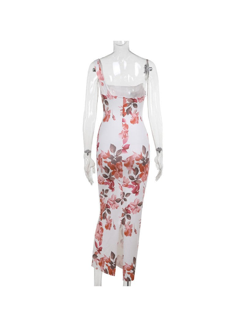 Floral Print One Shoulder Suspender Sheath Dress