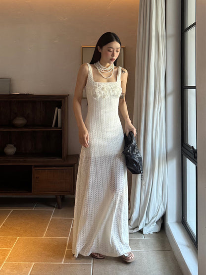 Pure Poise French Knit White Dress Elegant Square Neck Slimming Design