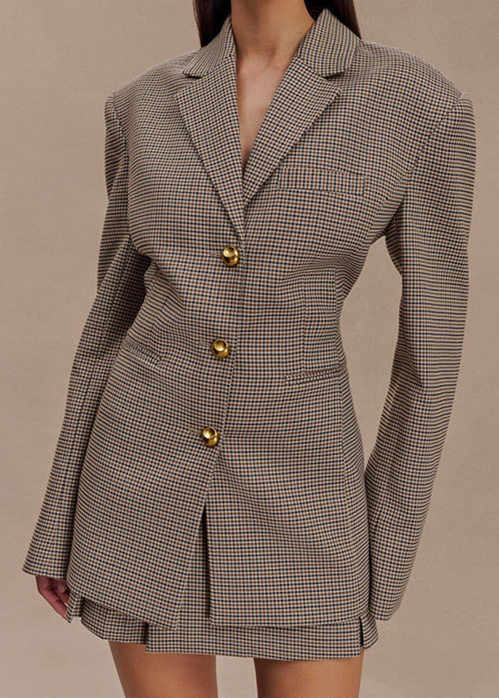 Madison Belted Plaid Blazer Set