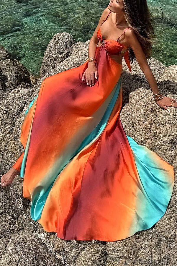Queen Neon Sunset Printed Metal Decor Sexy Hollow Back Lace Holiday Long Dress