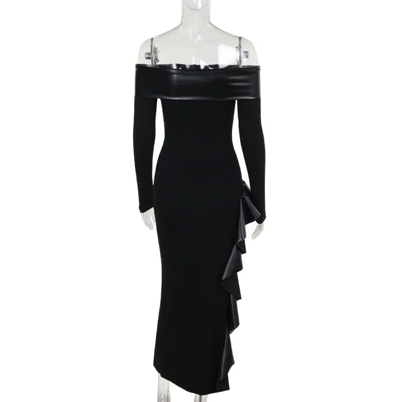 Off shoulder long sleeve PU leather slit ruffle maxi dress