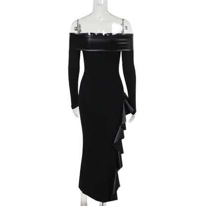 Off shoulder long sleeve PU leather slit ruffle maxi dress