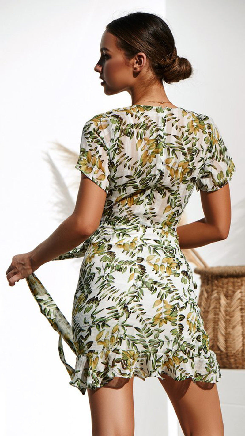Botanical Print Deep V-Neck Tie-Waist Ruffled Wrap Mini Dress