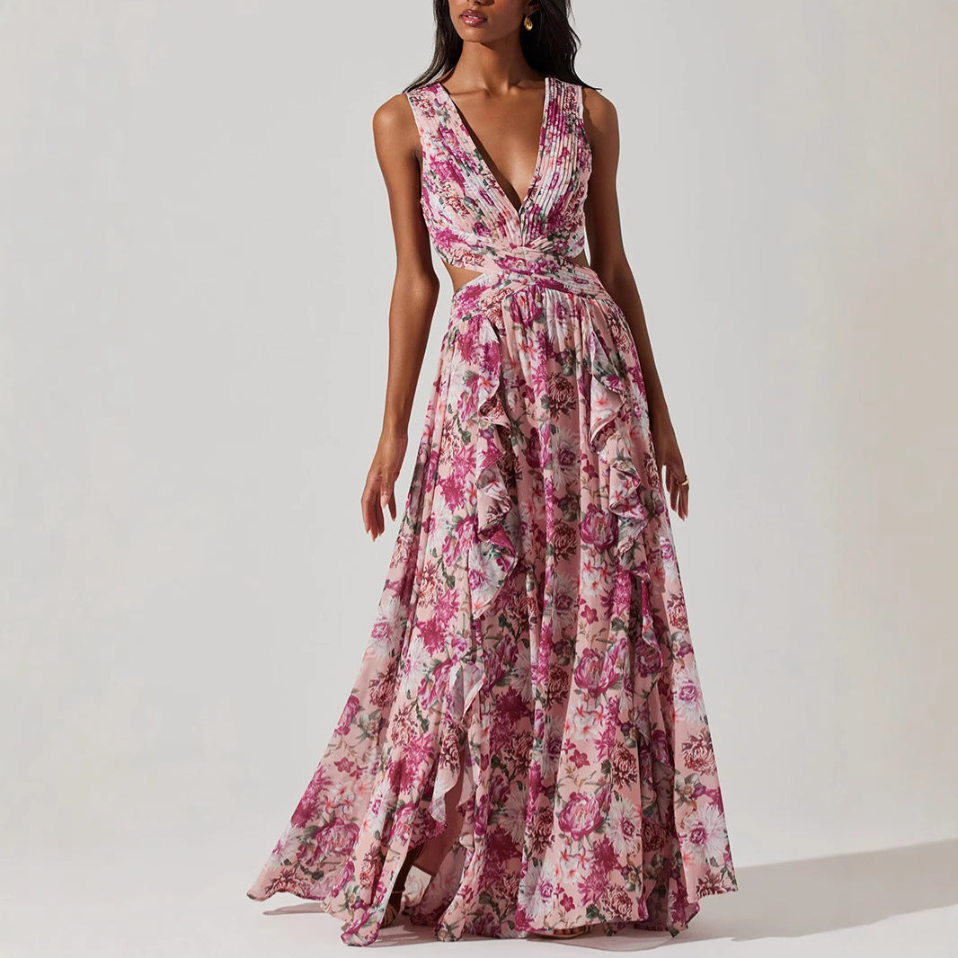 Sweet Floral Tiered Maxi Dress with Side Slit French Style
