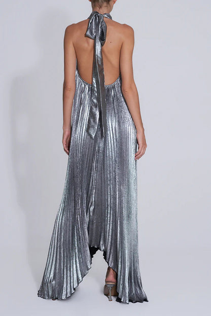 Celebration Party Pleated Metallic Fabric High Deep V-cutout Halter Neck A-line Maxi Dress