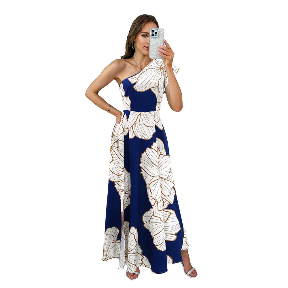 One Shoulder Ruffle Sleeve Large Floral Print High Slit Maxi Dress