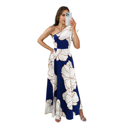 One Shoulder Ruffle Sleeve Large Floral Print High Slit Maxi Dress