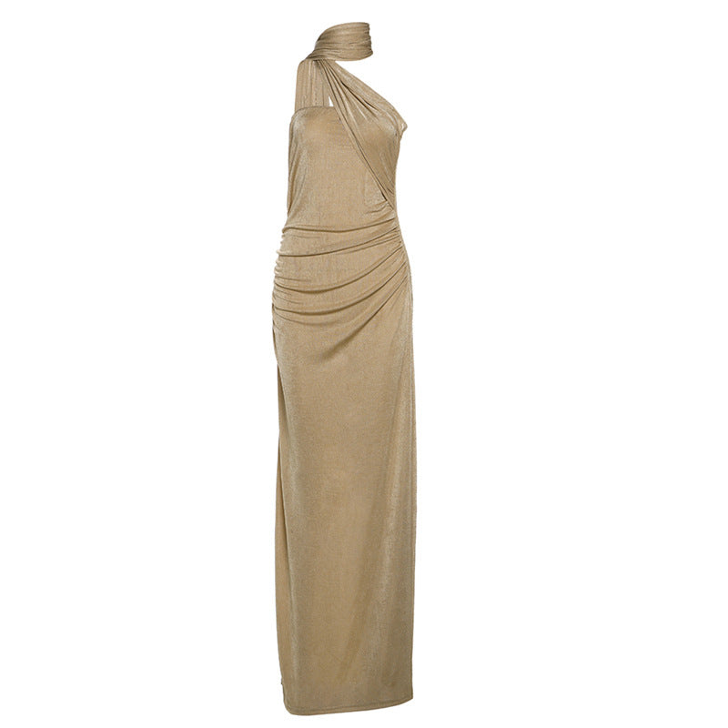 Asymmetric Ruched Metallic Scarf-Tie Halter Column Maxi Gown