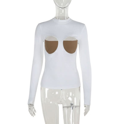 Long sleeve crewneck patchwork hollow out cut out top