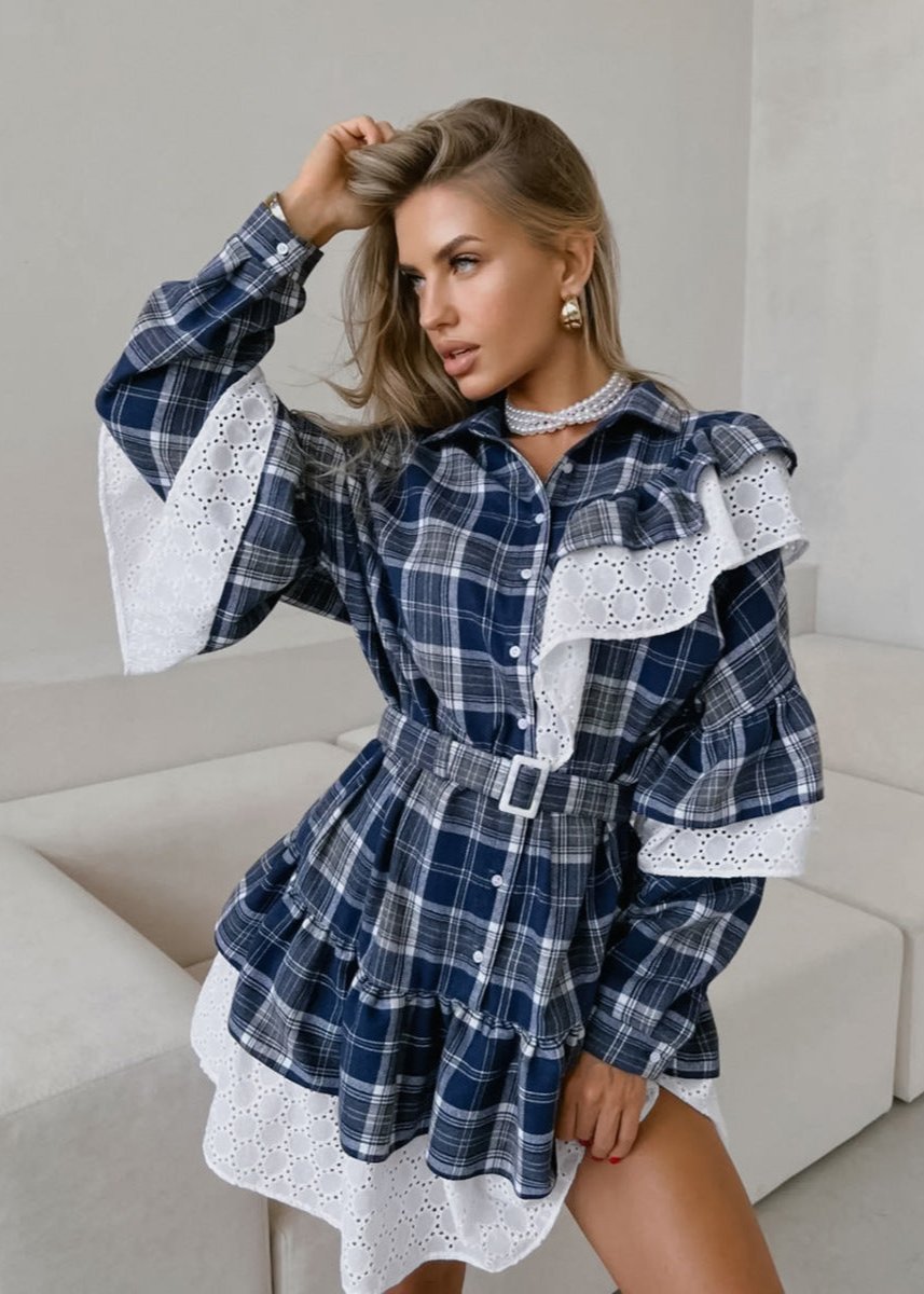 Plaid Elegance Ruffle Shirt Dress