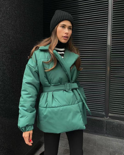 Tie Waist Cotton V-Neck Puffer Jacket
