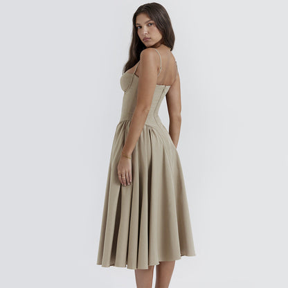 Spaghetti Strap Bustier Basque Waist Pleated Pocket Midi Dress