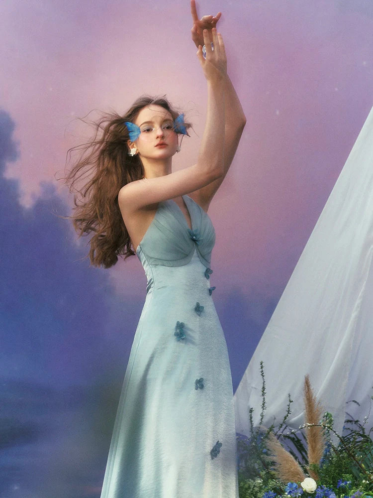 Floral Halter Satin Gown French-Inspired Blue Vacation Fairy Dress