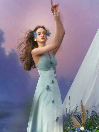 Floral Halter Satin Gown French-Inspired Blue Vacation Fairy Dress