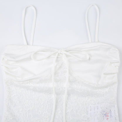 Lace solid self tie ruched backless cami top