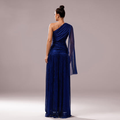 One-Shoulder Long Sleeve Slit Gown Elegant Evening Dress