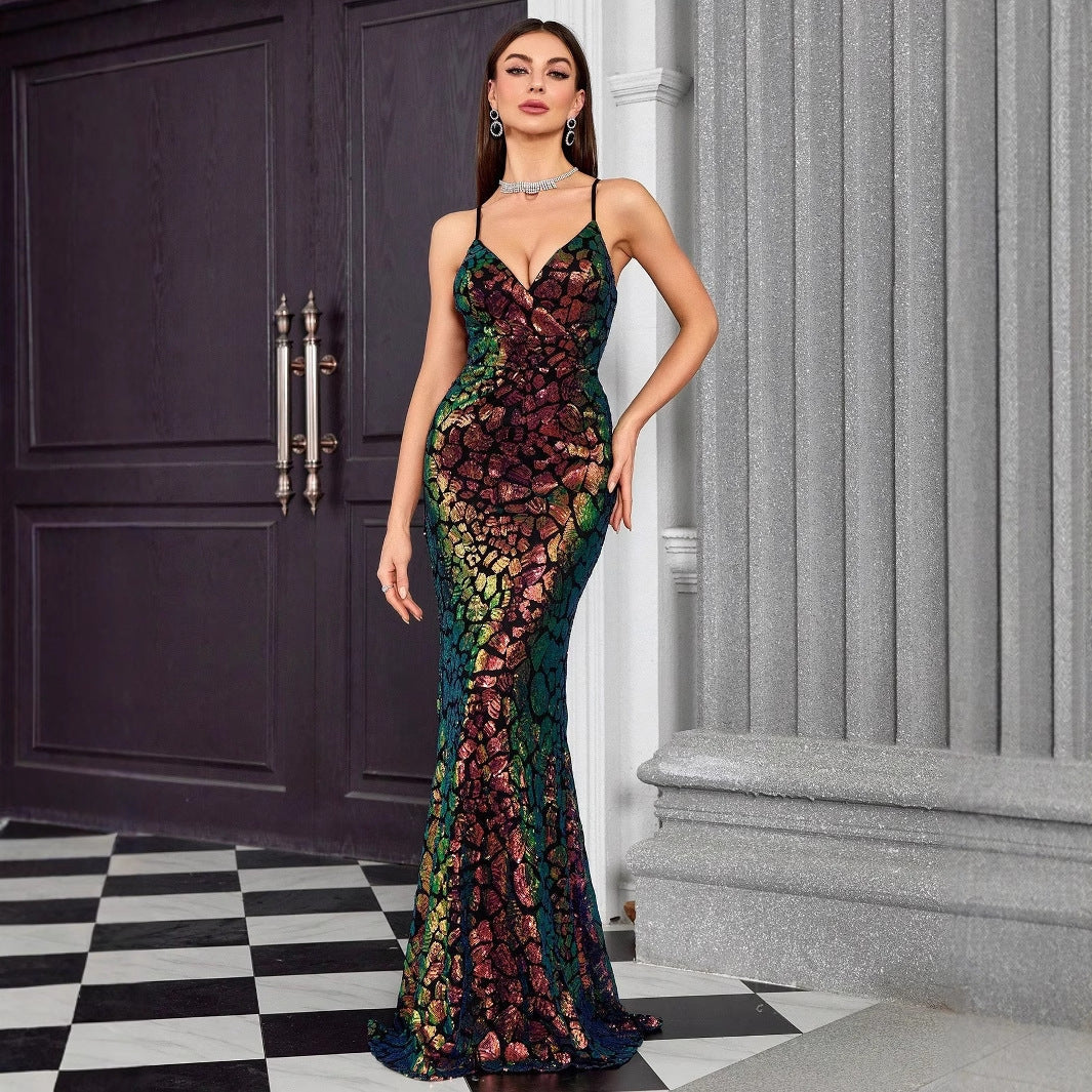 Sequin Scale Pattern V-Neck Mermaid Maxi Gown