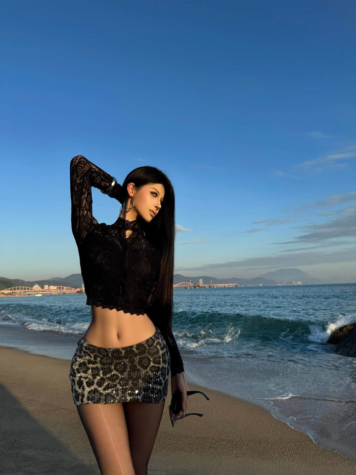 Leopard Sequin Low-Waist Mini Skirt