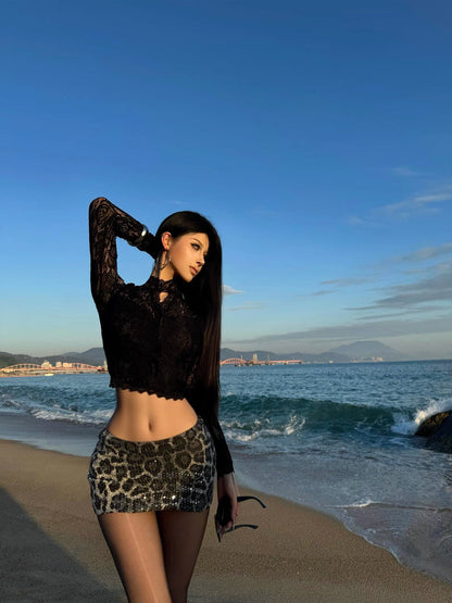 Leopard Sequin Low-Waist Mini Skirt